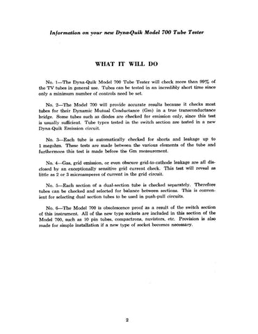 B&K Dyna-Quick 700 Tube Tester Instruction Manual